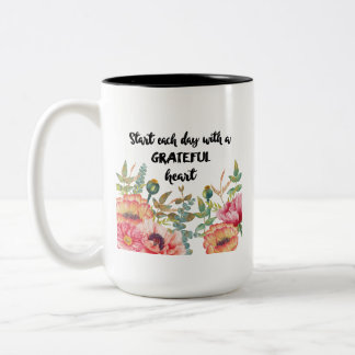 Floral Greenery Start Each Day with Grateful Heart Two-Tone Coffee Mug