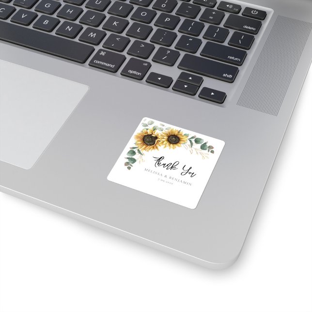 Floral Greenery Sunflower Bloom Wedding Thank You Square Sticker (Floral Sunflower Eucalyptus Greenery Wedding Favors Sticker)