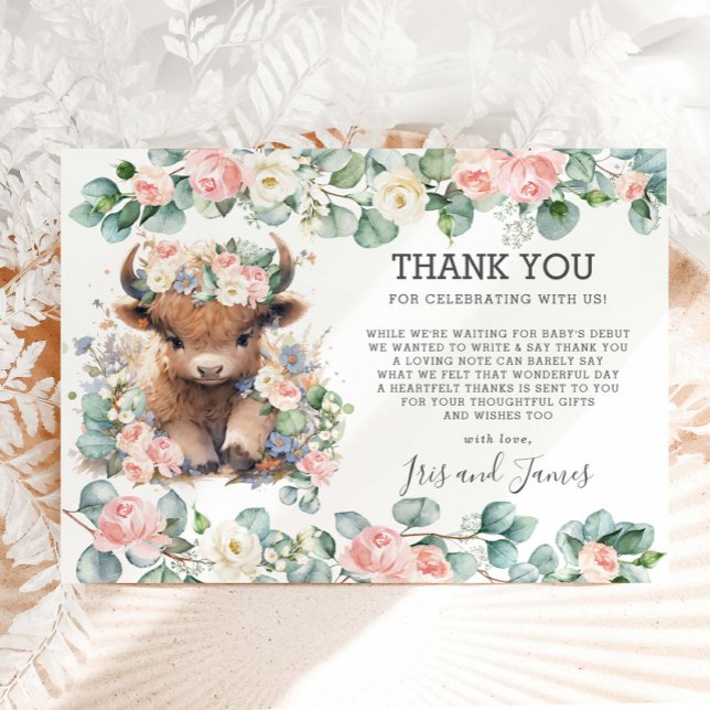 Floral Greenery Sweet Highland Cow Baby Shower Thank You Card (Creator Uploaded)