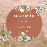 Floral Greenery Terracotta Wedding Favour Classic Round Sticker<br><div class="desc">Elegant terracotta floral greenery sticker personalised with your names and special date. Designed by Thisisnotme©</div>