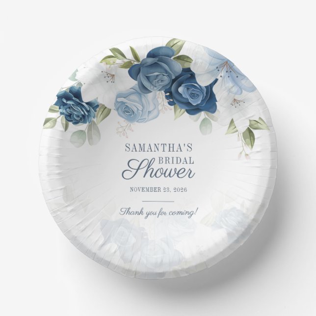 Floral Greenery Watercolor Blue White Flowers Paper Plate (Front)