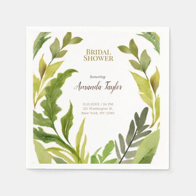 Floral Greenery Watercolor Elegant Bridal Shower Napkin (Front)