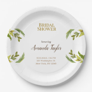 Floral Greenery Watercolor Elegant Bridal Shower Paper Plate