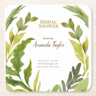 Floral Greenery Watercolor Elegant Bridal Shower Square Paper Coaster