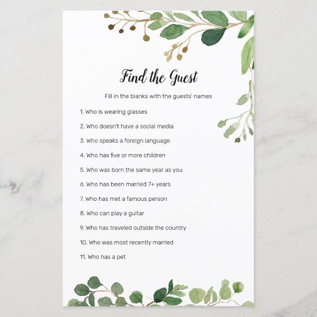 Floral Greenery Watercolor Find the Guest game (Front)
