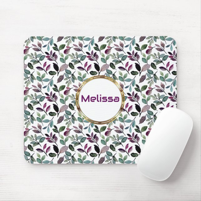 Floral Greenery Watercolor Seamless Pattern Name Mouse Mat (With Mouse)