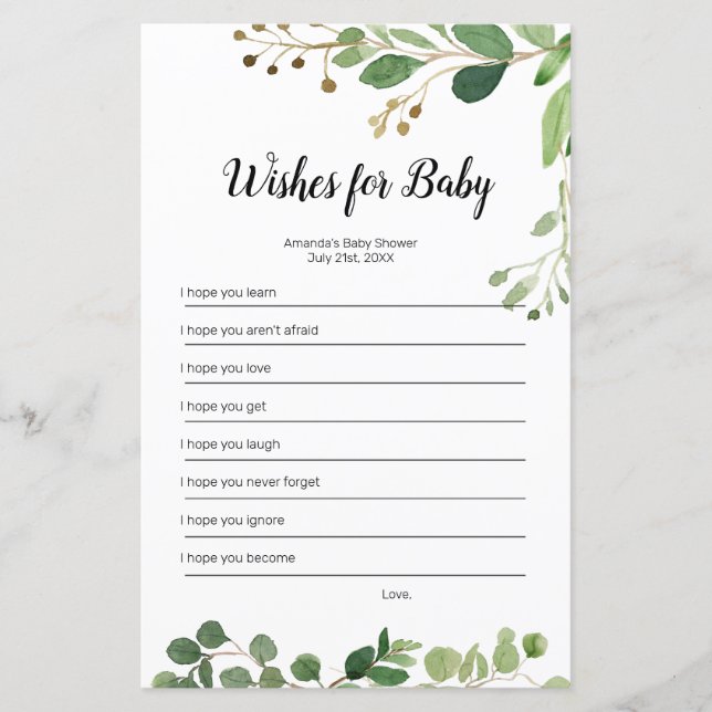 Floral Greenery Watercolor Wishes for Baby Game (Front)