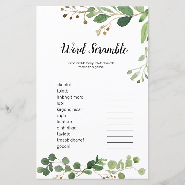 Floral Greenery Watercolor Word Scramble Game (Front)