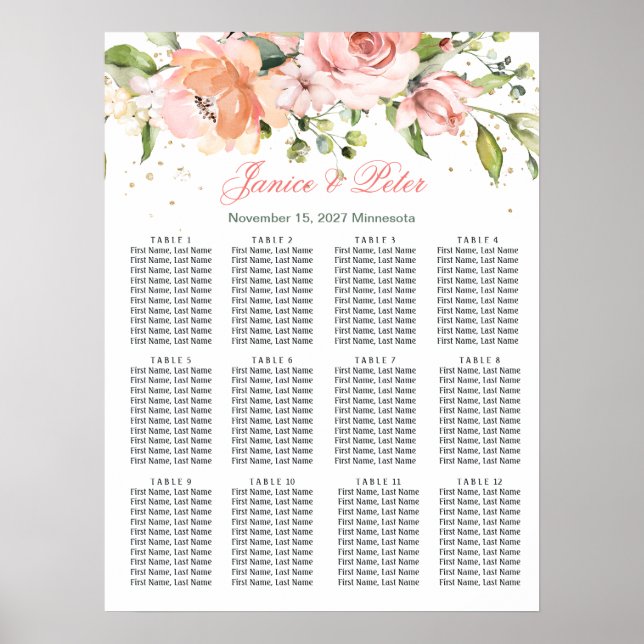 Floral, greenery Wedding 12 Tables Seating Chart (Front)