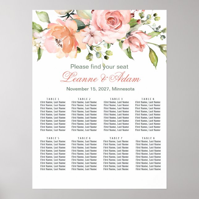 Floral, greenery Wedding 8 Tables Seating Chart (Front)