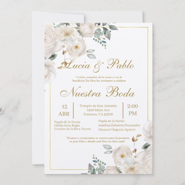 Floral greenery Wedding invitation in spanish (Front)