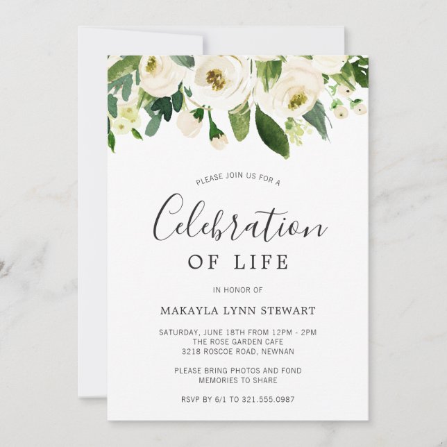 Floral Greenery White Roses Celebration of Life Invitation (Front)