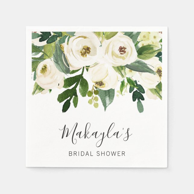 Floral Greenery White Roses Elegant Bridal Shower Napkin (Front)