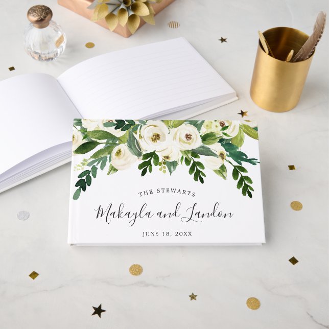 Floral Greenery White Roses Elegant Wedding Guest Book (Front Open)