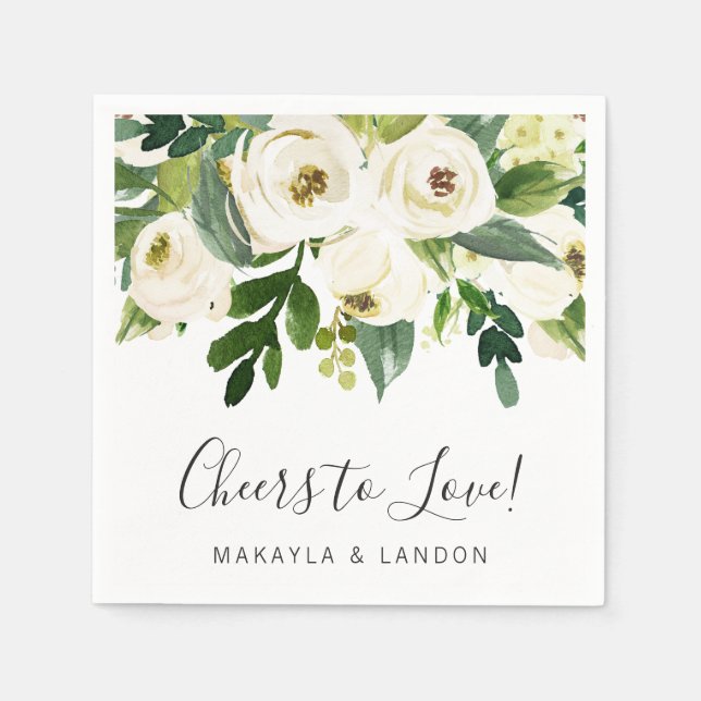 Floral Greenery White Roses Elegant Wedding Napkin (Front)