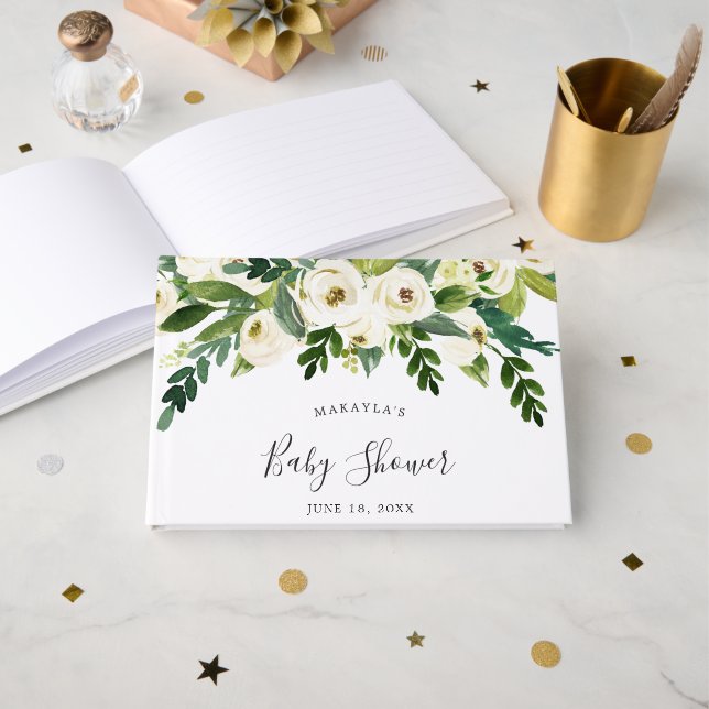 Floral Greenery White Roses Girl Baby Shower Guest Book (Front Open)