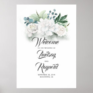 Floral Greenery White Wedding Welcome Sign