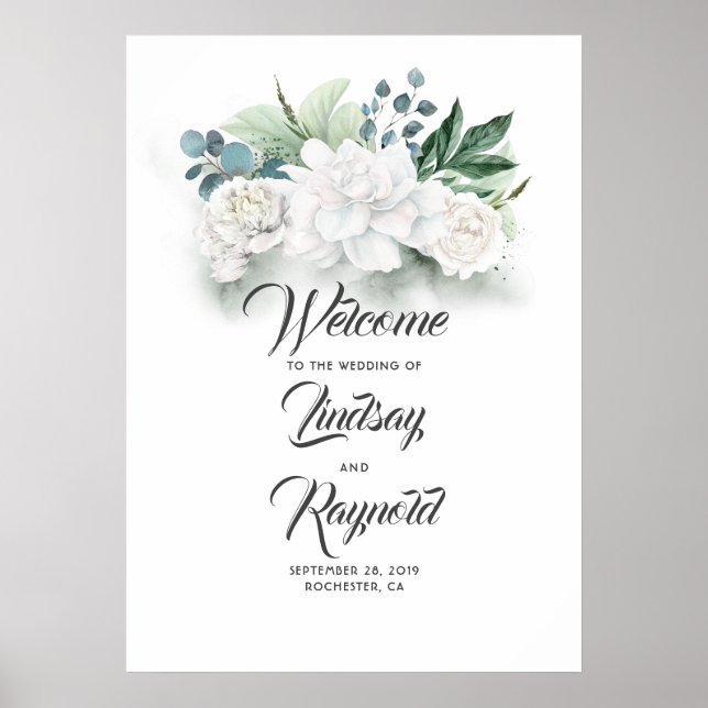 Floral Greenery White Wedding Welcome Sign (Front)