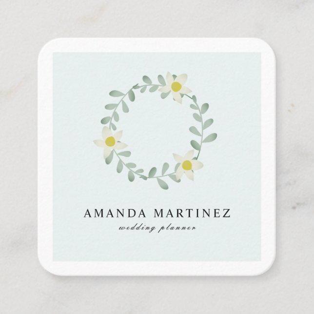 Floral Greenery Wreath Blue Square Business Card (Front)