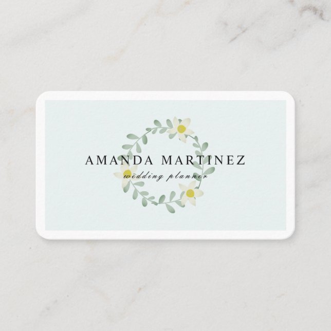 Floral Greenery Wreath Light Blue Business Card (Front)