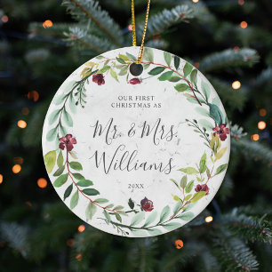 Floral Greenery Wreath Marble Our First Christmas Ceramic Tree Decoration