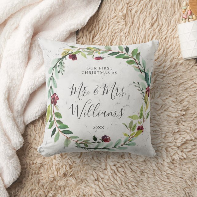 Floral Greenery Wreath Marble Our First Christmas Cushion (Blanket)