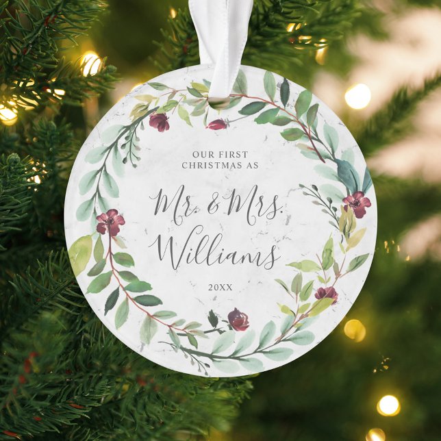 Floral Greenery Wreath Marble Our First Christmas Ornament (Creator Uploaded)