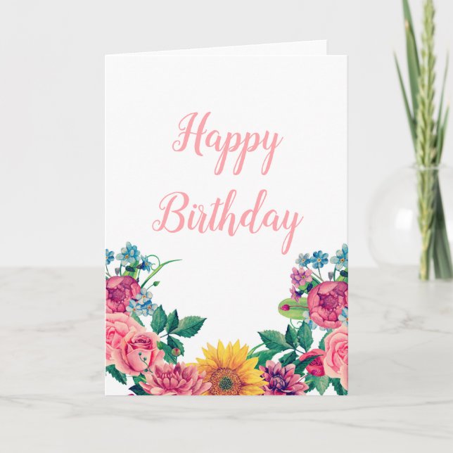 Floral greeting card. Pink flowers happy birthday Card (Front)