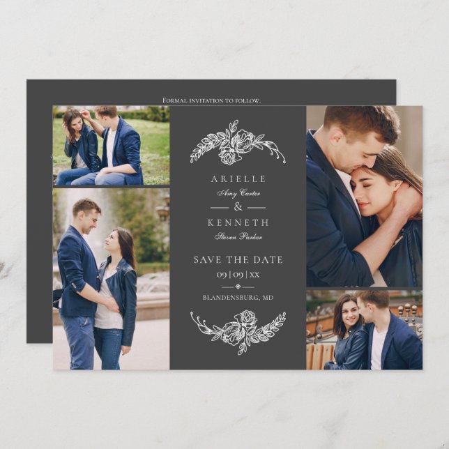 Floral Grey 4  Photos Minimalist Collage Wedding (Front/Back)