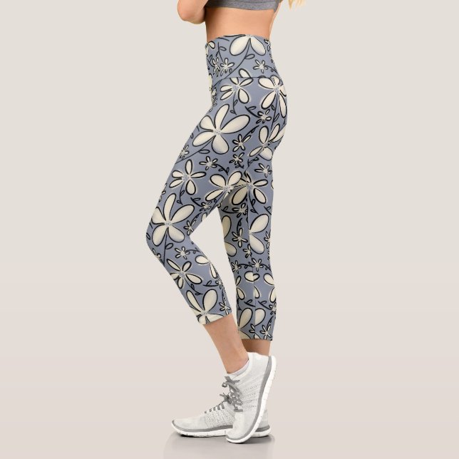 Floral Grey and Cream flower pattern Capri Leggings (Left)