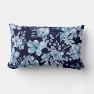 Floral grey blue watercolor pattern on navy blue lumbar cushion