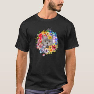 Floral Grey Cat And Spring Flowers Farm Kitty Gard T-Shirt