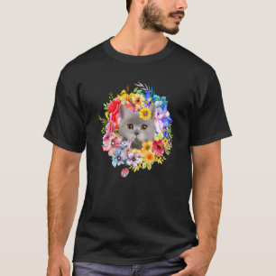 Floral Grey Cat And Spring Flowers Farm Kitty Gard T-Shirt
