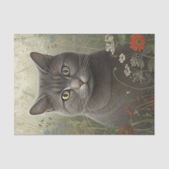 Floral Grey Cat Tissue Paper (Front)