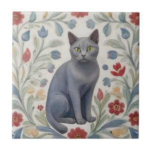 Floral Grey Cats - Grey Cat Colourful Folk Flowers Tile