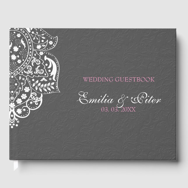 Floral Grey Damask White Mandela Guest Book (Front)