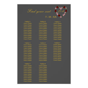 Floral Grey Heart Wedding Seating Plan 8 Tables Poster