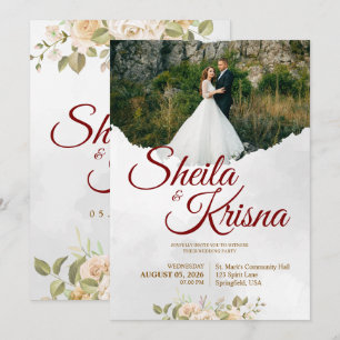 Floral Grey Maroon Elegance Wedding with Photo Invitation