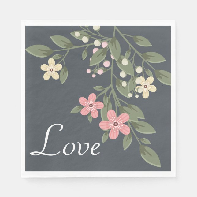 Floral Grey Pink Flowers Wedding Party Napkin (Front)