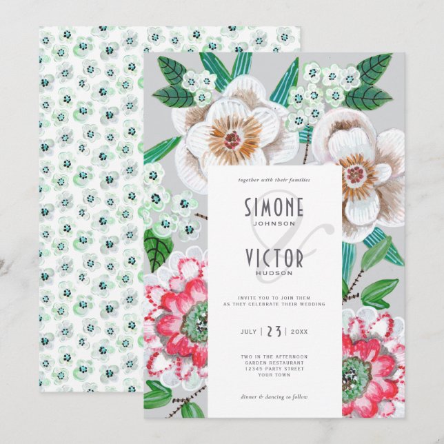 Floral grey pink modern painted flowers wedding invitation (Front/Back)