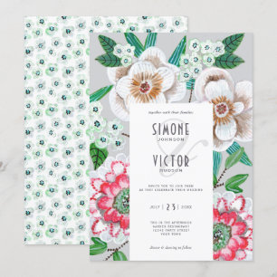Floral grey pink modern painted flowers wedding invitation