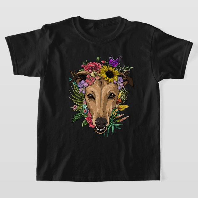 Floral Greyhound Botanical Plant Flower Animal Pet T-Shirt (Laydown)