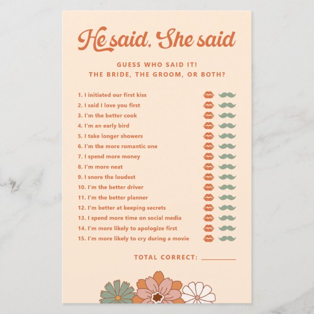 Floral Groovy Retro He Said She Said Bridal Game (Front)