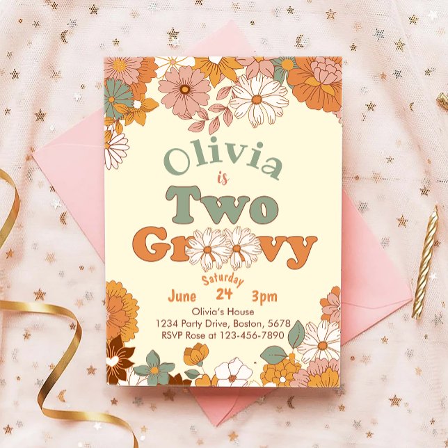 Floral Groovy Two Retro 2nd Birthday Invitation (Creator Uploaded)