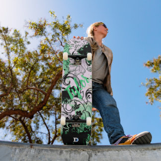 Floral Grunge in Black and Teal Dd Brand Skateboard
