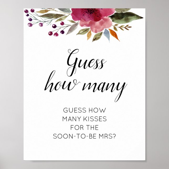 Floral Guess How Many Kisses Bridal Shower Game Poster (Front)
