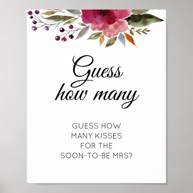 Floral Guess How Many Kisses Bridal Shower Game Poster (Front)