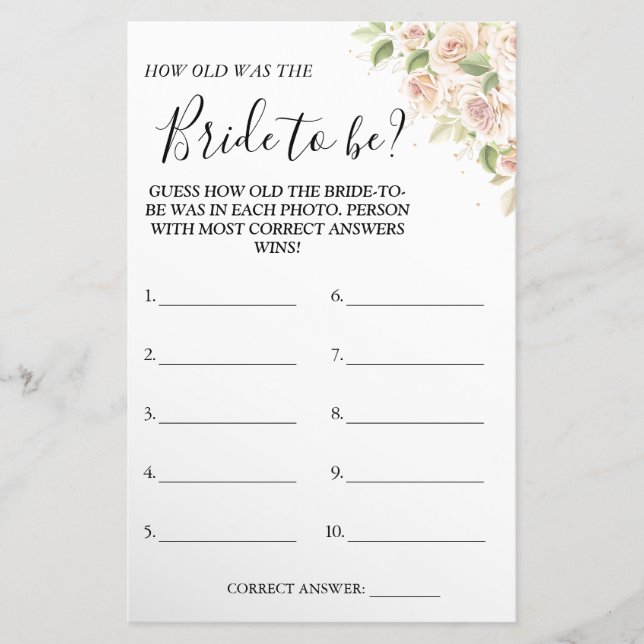 Floral Guess how old was She shower game card  (Front)