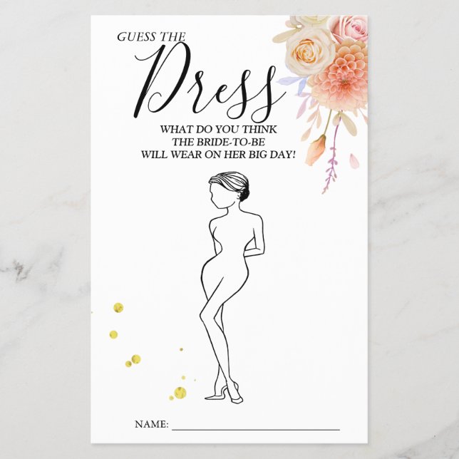 Floral Guess the Dress Bridal shower game card (Front)