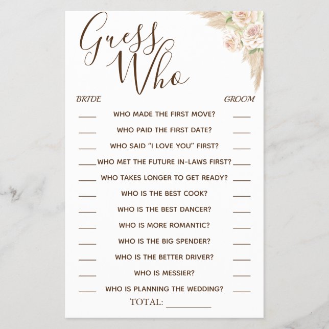 Floral Guess Who Bridal shower game card (Front)